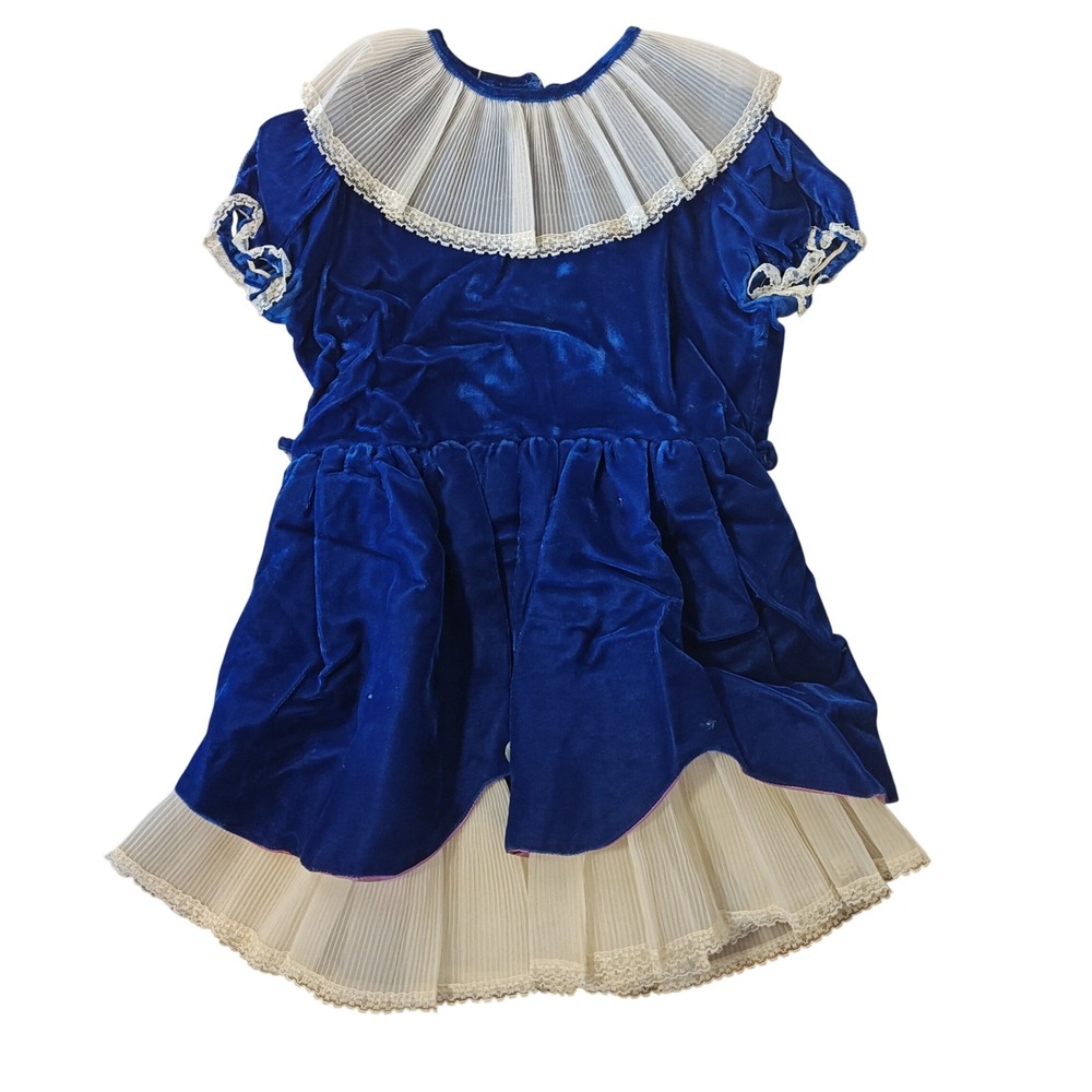 Vintage‎ Velvet Party Dress Kids Blue White Ruffle Collar Lace Trim Holiday